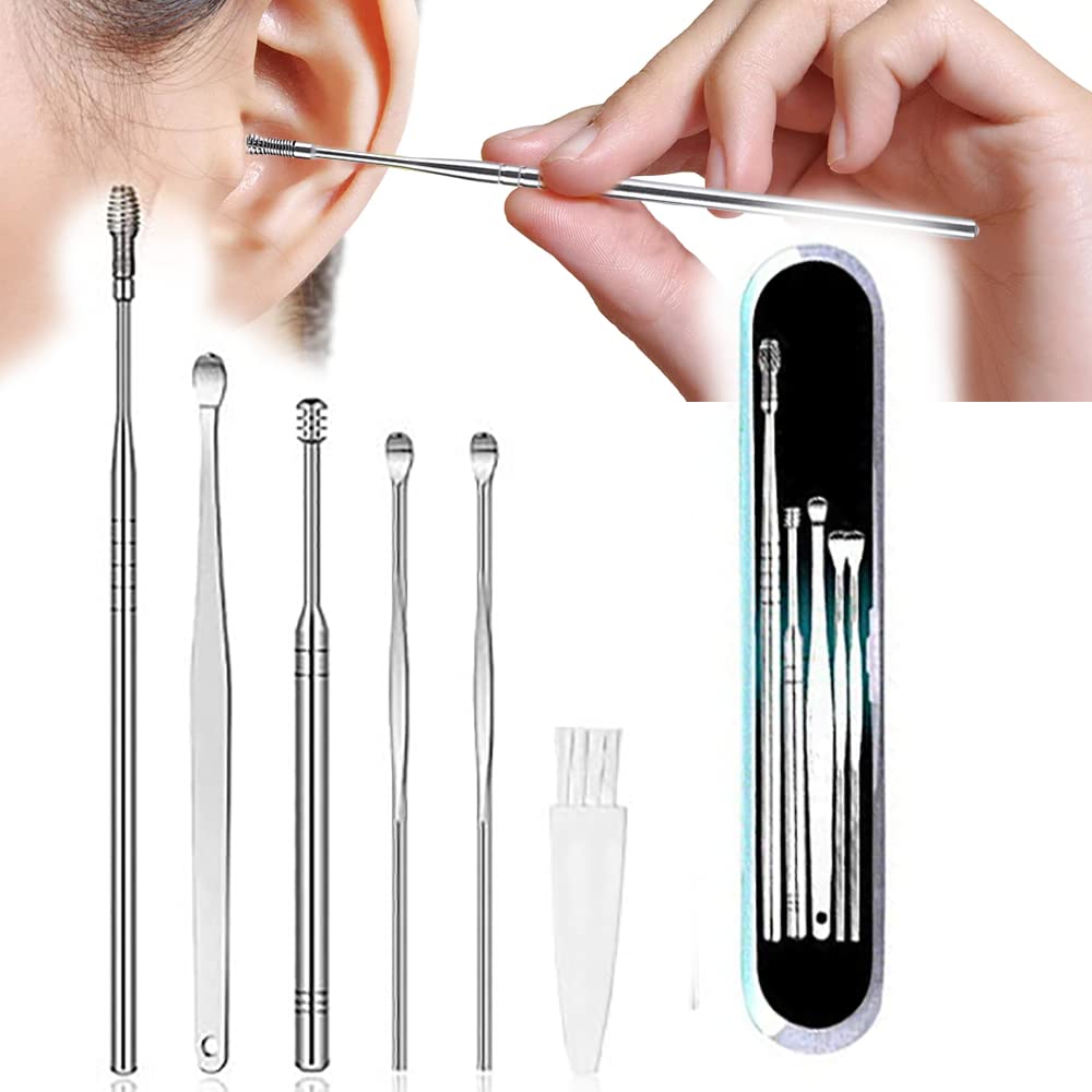 6 Pcs Stainless Steel Ear Wax Cleaner Tool Kit with Storage Case and Cleaning Brush